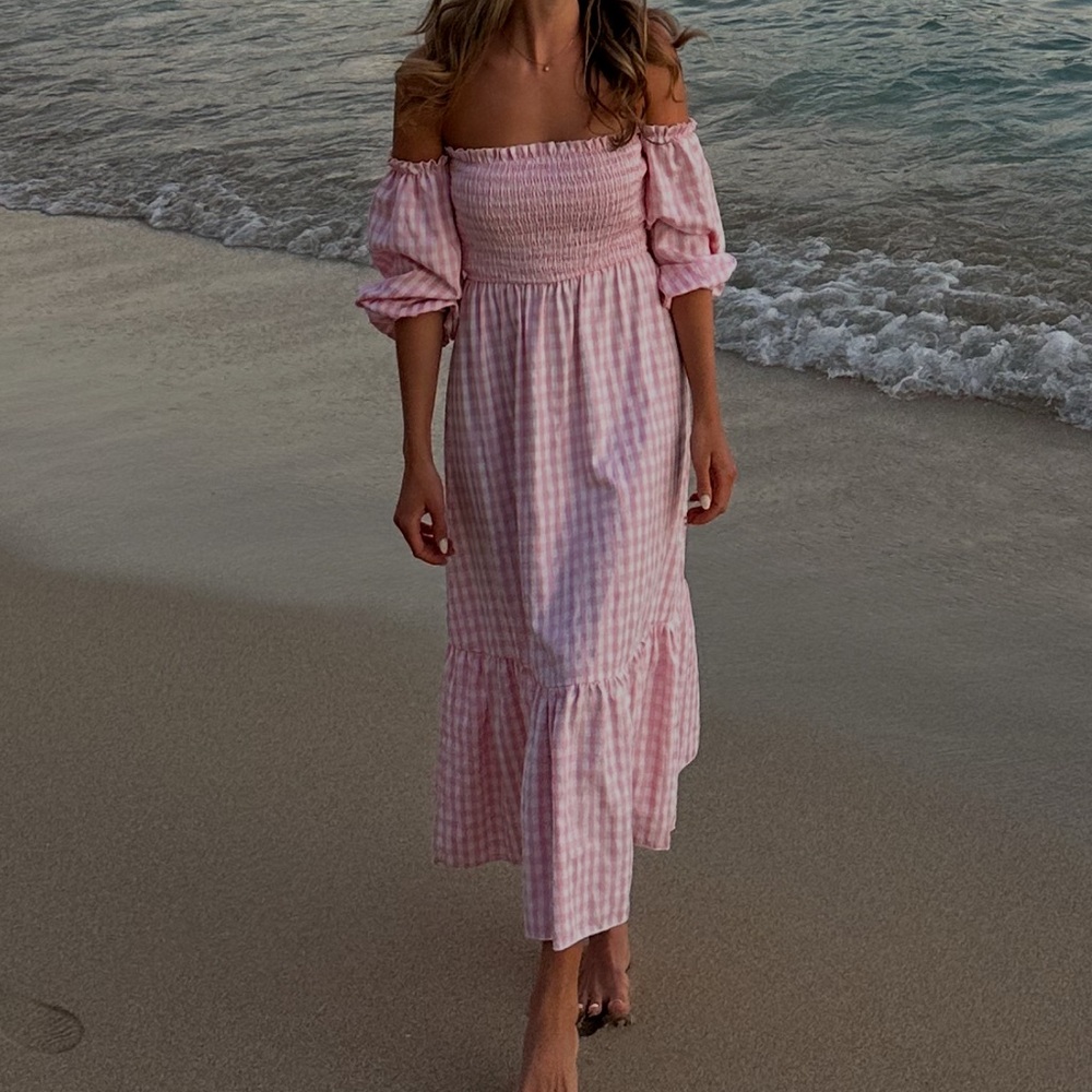 Pink Gingham Off-Shoulder Summer Dress